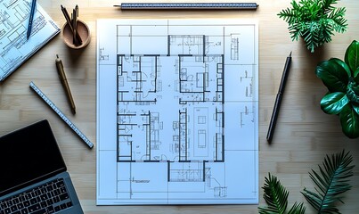 Architectural Blueprint on a Wooden Desk with Green Plants and Tools