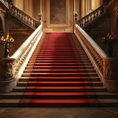 Obraz premium Red carpet on a historic palace staircase, illuminated by soft natural light, warm earthy tones, fine details of velvet texture, and diagonal composition for regal elegance.