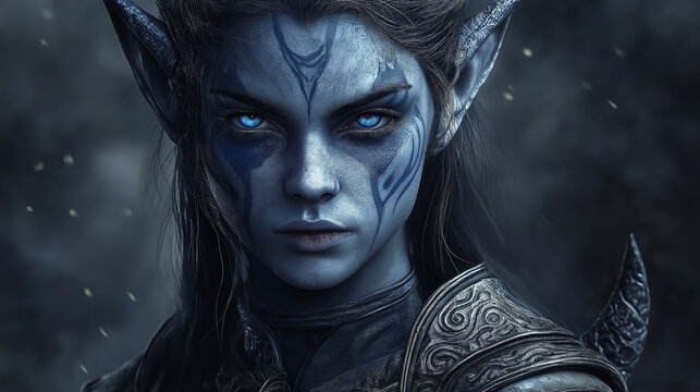 Cute female tiefling with shimmering blue skin, silver horns, and elegant blue attire, exuding a magical and enchanting fantasy vibe