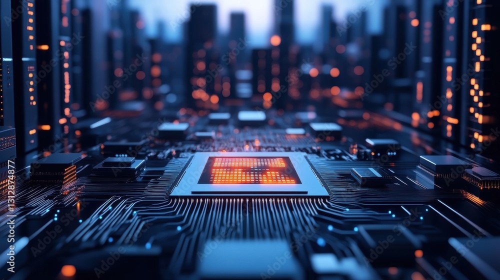 Poster futuristic circuit board with microchip surrounded by glowing tech in a virtual cityscape at dusk