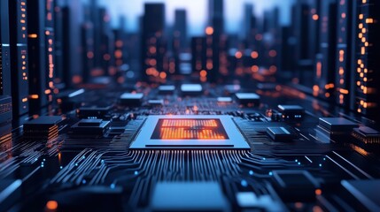 Futuristic Circuit Board with Microchip Surrounded by Glowing Tech in a Virtual Cityscape at Dusk
