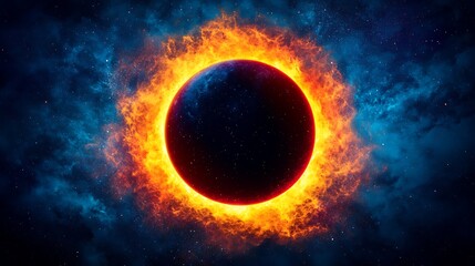 Naklejka premium A mysterious planet surrounded by blazing fire in deep space