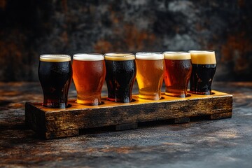 Assortment of Beers in Tasting Flight on Rustic Wooden Board