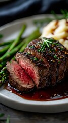 Gourmet Steak Delight: A succulent, perfectly cooked steak, artfully sliced to reveal a vibrant red interior, is complemented by fresh asparagus, creamy mashed potatoes, and a rich, flavorful sauce. 