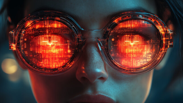 Futuristic smart glasses displaying digital code in red illumination on lenses against dark background. Concept of augmented reality, cybersecurity, and digital transformation