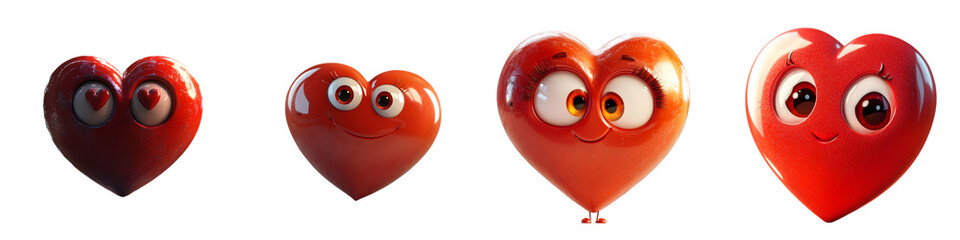 Obraz premium Cute Cartoon Heart Characters with Funny Expressions - Playful and Romantic Love Emoji Stickers - Isolated on Transparent Background