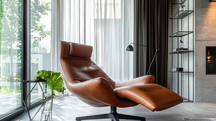 High-end minimalist interior with a brown leather recliner in focus, against large windows with sheer drapes, exposed concrete walls, geometric metal shelving
