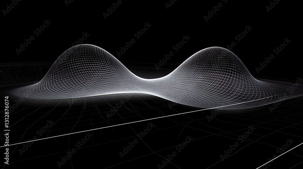 Poster a futuristic graphical representation with curved grid structures on black