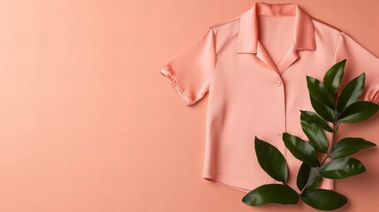 Peach-colored short-sleeved collared shirt styled with a sprig of green leaves. Minimalist fashion flatlay.