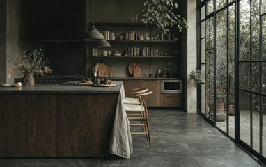 Moody Dark Wood Kitchen with Concrete Floors and Garden View