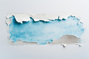 Torn paper reveals blue watercolor art within the white surface