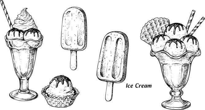 Ice cream vector sketch desserts. Hand drawn wafer cone, gelato, chocolate glazed, sundae, and ice cream served in a glass bowl. Transparent background PNG cutout