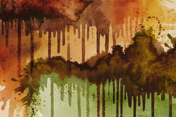 Abstract watercolor artwork featuring blending earthy tones and drips creating a textured landscape