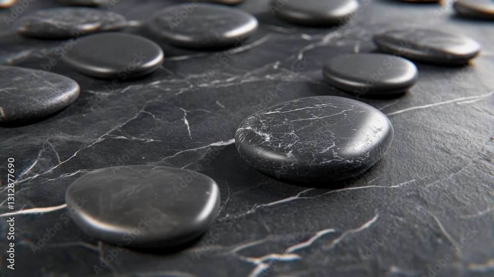 Poster smooth black stones arranged on a textured dark surface, creating a calming atmosphere for relaxatio