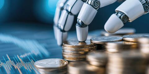 A robot with coins and graph charts. The concept of artificial intelligence in financial analysis.