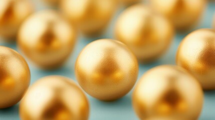 Stunning abstract gold and blue spheres create a captivating visual, reflecting beautifully on a serene blue backdrop.