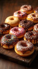 Sweet Temptations: An array of delicious donuts, each adorned with vibrant toppings and rich glazes, artfully arranged on a rustic wooden surface, offering a delightful indulgence.