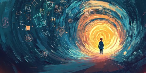 A small figure stands before a glowing tunnel portal entrance