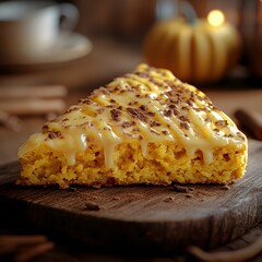 Pumpkin Spice Scone: A warm and inviting slice of pumpkin spice scone, topped with a creamy glaze and a sprinkle of chocolate shavings.  A perfect fall treat for cozy afternoons.  
