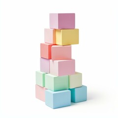 Fototapeta premium A vibrant set of pastel building blocks neatly stacked, showcasing a playful and creative arrangement on a white backdrop.