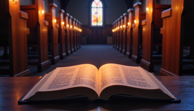 Open Bible with gilded pages in a serene church setting during midday