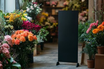  Vertical banner mockup amidst vibrant floral arrangements in cozy flower shop setting.