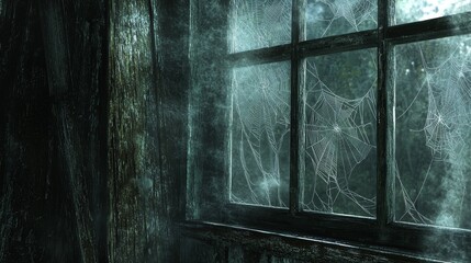 Abandoned house window with a thick spider web, rustic decayed wood background, moody atmosphere, dust particles in the air