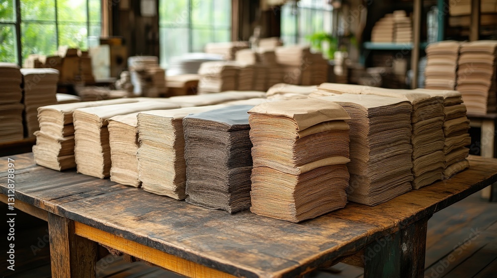Poster stacks of assorted paper sheets arranged neatly on a wooden table in a workshop, with greenery outsi