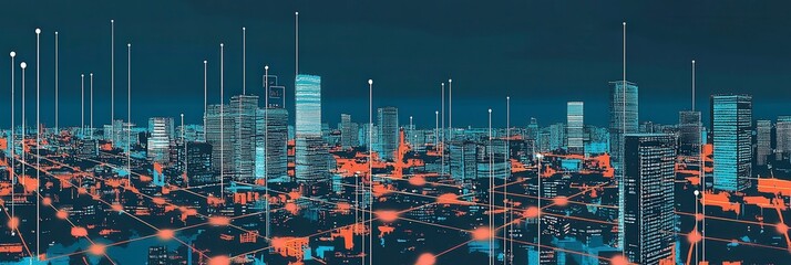 Network of connections overlay on blue urban landscape.