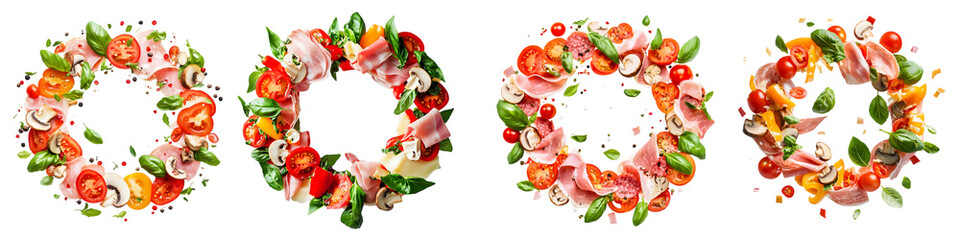 Delicious Italian Food Ingredients Flying in Circle - Fresh Tomatoes, Basil, Mozzarella, and Prosciutto - Isolated on Transparent Background