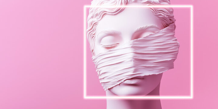 Greek plaster sculpture in neon electric frame. Creative concept nft, non-interconnected tokens, digital contemporary artwork.