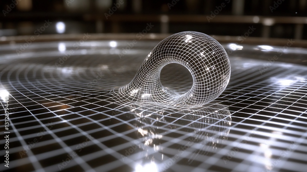 Poster a geometric structure displaying the concept of spacetime curvature is depicted