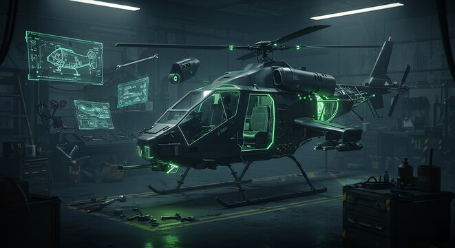 Helicopter in Hangar Undergoing Maintenance with Futuristic Glowing Details