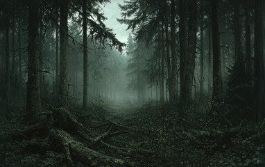 Obraz premium Dark Forest Path Shrouded in Mist