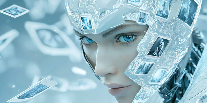 The robot with pictures or photos. Creative concept of using artificial intelligence to generate photos, pictures and videos.