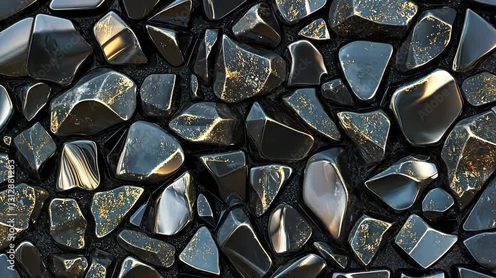 Poster gold obsidian shiny black stones with various shapes and sizes, reflecting light and showcasing a gl