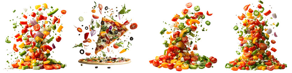 Fresh Vegetables Explosion with Pizza Slice &ndash; Healthy Food Concept, Isolated on Transparent Background