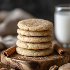 Stack of Snickerdoodles with milk: A tempting stack of fresh snickerdoodle cookies dusted with cinnamon, next to a glass of milk, inviting the viewer to indulge in this delicious treats.