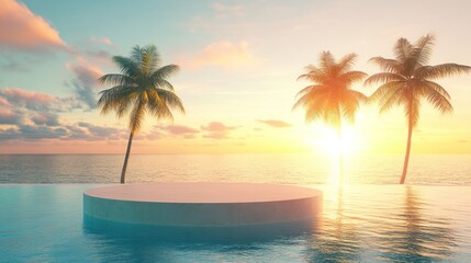Obraz premium Tropical Sunset with Platform on Water Featuring Palm Trees and Sea