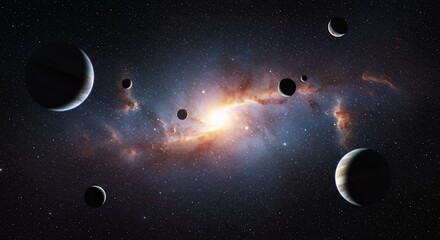 Naklejka premium Planets Orbiting Galaxy Center with Nebulae and Star Clusters