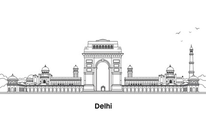 City skyline of Delhi. Illustration of Delhi skyline, with India Gate and iconic landmarks, minimalistic black and white design