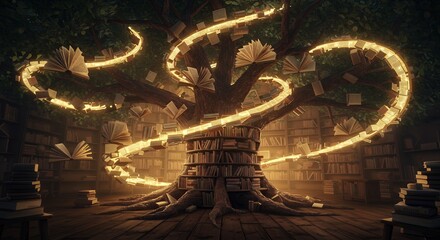 Magical Book Tree with Flying Pages in a Library Setting