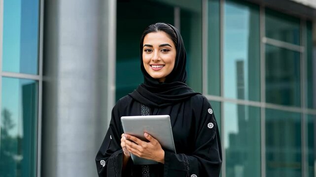 Muslim businesswoman wearing a hijab, smiling while using a tablet outside a modern office building.