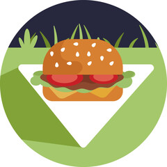 A classic hamburger with a bun, patty, and toppings, symbolizing a popular picnic meal.