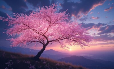 Vibrant cherry blossom tree at sunset
