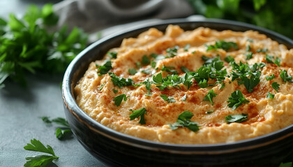 Delicious hummus with parsley, paprika and chickpeas on gray table, top view