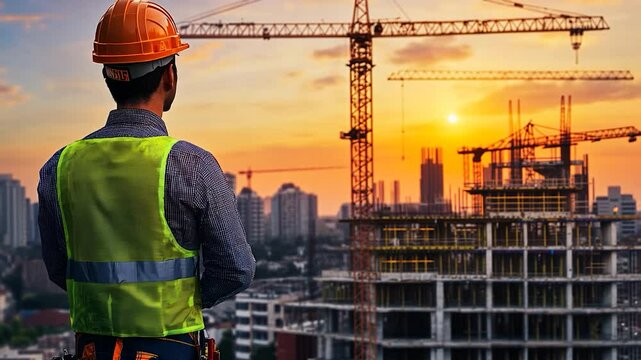 Construction worker at sunset, overseeing a large construction site in the city