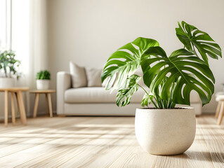 A chic, Scandinavian-style living room with a monstera leaf plant in a minimalist pot, set against a backdrop of soft-toned furniture and light-colored wooden floors