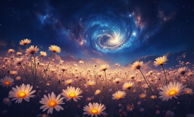 Starry sky over a daisy field