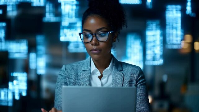 Young black african american it specialist woman with glasses writing code on laptop in office. Virtual technology software development concept with it specialist. Blue holographic figures.
